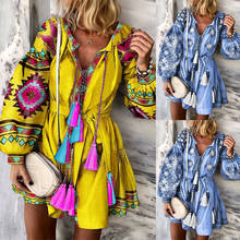 Women Boho Floral Lantern Long Sleeve Short Mini Belted Dress Ladies V Neck Tassels Summer Holiday Party Dress 2024 - buy cheap