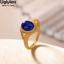 Uglyless Noble Royal Blue Lapis Rings for Women Natural Gemstones Open Rings Gold 925 Silver Hollow Rings Vintage Ethnic Jewelry 2024 - buy cheap