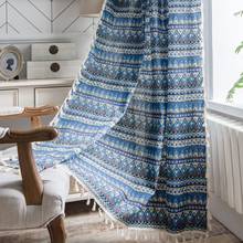 Cortinas azules Bohemias de lino rústico para sala de estar, dormitorio, cocina, ventana, cortina a rayas, cortas, readymade 2024 - compra barato