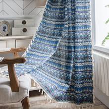 Blue Bohemia rustic linen curtains  for living room bedroom kitchen window stripe curtain short readymade 2024 - buy cheap