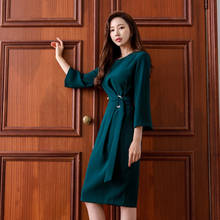 Vestido coreano, outono 2019, espartilho de pulso, envoltório, vestido feminino sólido, tamanho grande, robe feminino, verde, bolsa midi, vestido de quadril 2024 - compre barato