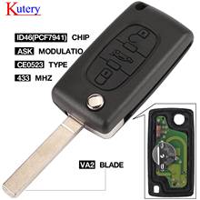 Kutery chave do carro va2 ask 433 mhz id46-pcf7941 para peugeot 207 407 306 partner etc 3 botões flip remoto ce0523 2024 - compre barato