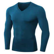 Camisa do esporte da aptidão do halterofilismo do gym workout jogging collants dos homens da compressão da luva longa com decote em v 2024 - compre barato