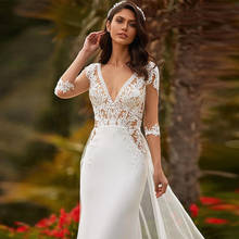 Платье свадебное со съемным шлейфом и открытой спиной, с V-образным вырезом 2024 - купить недорого