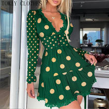 Women Long Sleeve Polka Dot Print Lace Trim Ruched Plunge Dress Mini Dresses 2024 - buy cheap