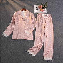 Conjuntos de pijamas de satén de encaje para mujer, camisas de manga larga con estampado de puntos, pantalones, ropa de dormir de seda, otoño y primavera 2024 - compra barato
