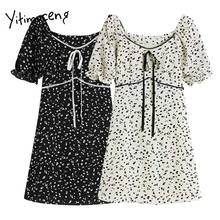 Yitimuceng Floral Print Dresses Women Summer Bow Lace Up Puff Sleeve High Waist A-Line Black Apricot 2021 Korean Fashion Dress 2024 - buy cheap