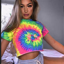 Fashion Women Ladies Short Sleeve O neck Summer Exposed Umbilicus Tie-dye T shirt Tops Casual Loose Short Clothes 2024 - buy cheap