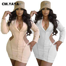 CM.YAYA Women Notched Neck Cut Out Waist Button Up Long Sleeve Bodycon Midi Dress Sexy Club Party Pencil Mini Dresses 2021 New 2024 - buy cheap