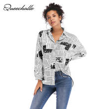 2021 Spring Summer Shirts Women Vintage Letter Newspaper Print Casual Blouse Shirt Long Sleeve Loose Ladies Tops Black Blue Red 2024 - buy cheap