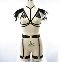 Body de encaje de plumas negras, arnés de cuerpo, cinturón elástico ajustable, conjunto de lencería Sexy, Pole Dance, Bondage, liguero de jaula corporal 2024 - compra barato