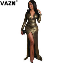 VAZN Hot sale 2020 summer sexy lady golden solid floor-length dress full sleeve deep V-neck sheath vent drees wine party dress 2024 - buy cheap