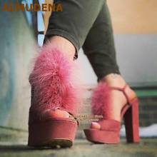ALMUDENA Pink Suede Feather Fluffy Sandals Women Elegant Chunky Heel Platform Dress Shoes Buckle Strap Fur Wedding Shoes Pumps 2024 - buy cheap
