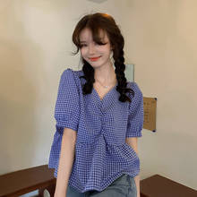 Blouse Women Blue V-neck Plaid Shirt Women's Summer New Design Sense Niche Short Fluffy Sleeve Top 2024 - buy cheap