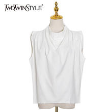 TWOTWINSTYLE-Camiseta informal blanca para mujer, camisetas sin mangas de cuello alto de talla grande minimalista, moda para mujer, nuevo estilo 2020 2024 - compra barato