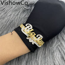 Pulseiras vishowco com nome personalizado, bracelete de aço inoxidável em dois tons com nome e placa dupla 2024 - compre barato