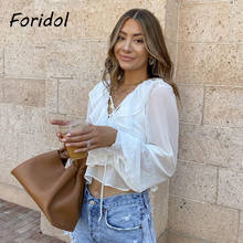 Foridol Ruffle V Neck Lace Up White Blouse Shirt Long Sleeve Summer Spring Beach New Tops 2021 Crop Tops 2024 - buy cheap