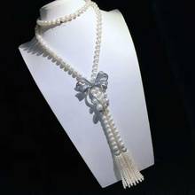 Hand knotting women's jewelry 8-9mm 120cm micro inlaid zircon bowknot accessories white freshwater pearl necklace 2024 - buy cheap