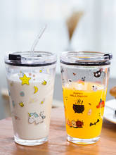 450ml Graduated Glass Cups Printed Unicorn Cute Cartoon Juice Milk Water Bottle Heat-Resistant Glass Straw Type Drinkware Gifts 2024 - buy cheap