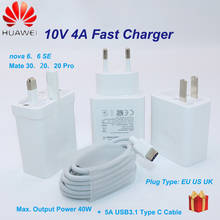 Оригинальный huawei 40 Вт ЕС США Великобритания супер зарядное устройство адаптер питания 5A USB TYPE-C кабель для Honor 10 9 Nova 6 6SE 5 5i p30 pro p30 p20 p10 2024 - купить недорого