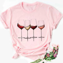 Camiseta rosa de talla grande para mujer, camiseta informal con estampado de copa de vino tinto para mujer, Tops Harajuku, camiseta de manga corta con cuello redondo 2024 - compra barato