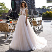 A Line Wedding Dresses Tulle High Neck Cap Sleeves Button Illusion Bridal Gowns Vestido De Noiva Court Train 2024 - buy cheap