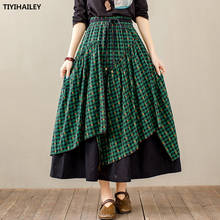 TIYIHAILEY Free Shipping 2021 New Long Maxi A-line Elastic Waist Women Autumn Cotton Linen Plaid Irregular Print Skirts  Spring 2024 - buy cheap