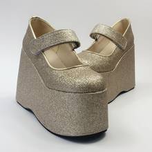 Zapatos de tacón alto de lentejuelas para mujer, calzado con plataforma de cristal dorado, punta redonda, supercuña, Punk, Plus Size34-46, A002 2024 - compra barato