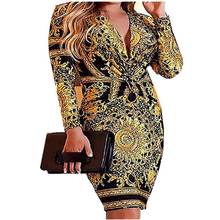 2019 vintage print deep v-neck ruched pencil dress lady european style high quality vintage fashion midi dress 1530 2024 - buy cheap