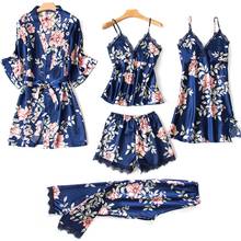 5PC Pyjamas Women Sleep Wear Pajamas Women Sexy Lace Satin Robe Bathrobe Trousers Shorts Set Pajamas Sleepwear пижама женская 2024 - buy cheap