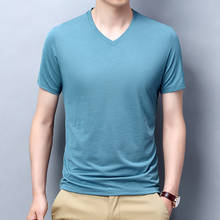 High Quality Ice Silk Tops Brand Summer Solid Color t Shirt 2021 For Men V Neck Plain Short Sleeve Casual Fashion Men Clothes 2024 - купить недорого