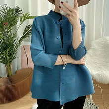 LANMREM-Blusa plisada para mujer, camisa de un solo pecho con cuello levantado, Top de Color sólido para mujer, otoño e invierno, novedad de 2021, 2A3507 2024 - compra barato