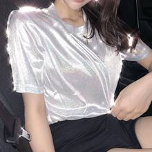 Летняя женская футболка, блестящий Сияющий светоотражающий металлик свободная футболка Harajuku бандажный Топ с О-образным вырезом с коротким рукавом Футболка для девочек Camisetas 2024 - купить недорого