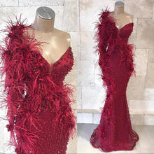 One Shoulder Burgundy Mermaid Prom Dresses Lace Beads 3D Floral Appliqued sweetheart luxury feather Floor Length Evening Gowns 2024 - buy cheap