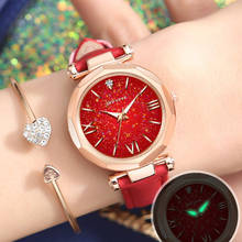 Reloj de pulsera de cielo estrellado para mujer, reloj de cuarzo luminoso, pequeño, rojo, correa de cuero 2024 - compra barato