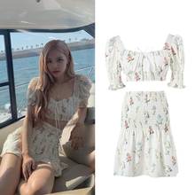 kpop Korean Celebrity ROSE Slim Square Collar Floral T shirt Tops+Summer Sexy High Waist Elastic Skirts Women Two-Piece Outfits 2024 - buy cheap