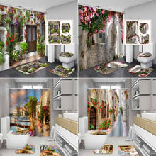 Fresh Flowers Doorway Street Shower Curtain Set Bath Mats Rugs Europe Alley Non-slip Mat Bathroom Curtains with Hooks Home Decor 2024 - buy cheap