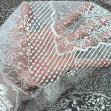 Tela de encaje francés africano para vestido de novia, malla de tul bordada con lentejuelas onduladas, color blanco, 1 yarda, costura artesanal 2024 - compra barato