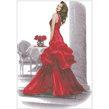 Elegant red dress girl patterns counted 11CT 14CT 18CT Cross Stitch Set DIY Cross-stitch Kits Embroidery Needlework Home Decor 2024 - buy cheap