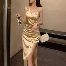 Ordifree 2022 Summer Women Long Party Dress Night Club Split Sexy Bodycon Gold Satin Slip Dress 2024 - buy cheap