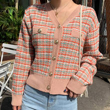 Женский короткий вязаный кардиган, винтажный стильный разноцветный клетчатый свитер с V-образным вырезом и длинным рукавом, верхняя одежда в английском стиле, комбинированная одежда 2024 - купить недорого