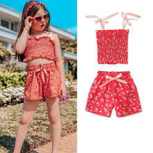 FOCUSNORM Fashion Summer Girls Clothes Sets 2pcs Flowers Printed Strapless Belt Vest Tops Shorts 1-6Y 2024 - buy cheap
