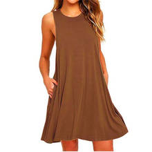 Women Summer Beach Dress A-Line Sleeveless O-Neck Brown Green Solid Dresses Casual Style Dress 2019 Sexy Sundress 2024 - buy cheap