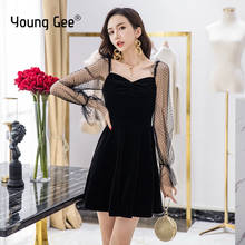 Young Gee Women Autumn Winter Vintage Black Hepburn Dress Elegant Polka Dots Mesh Patchwork Long Sleeve Party Dresses Vestidos 2024 - buy cheap