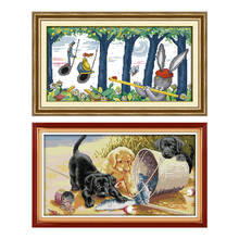 Joy Sunday Three Dogs Cross Stitch Embroidery Kits 14CT DM Cotton Thread Painting Printed Canvas DIY Needlework Kits Home Decor 2024 - buy cheap