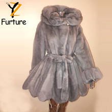 New Winter Women Real Mink Fur Coat Hooded Long Mink Fur Overcoat With Fur Belt Genuine Mink Fur Sapphire Blue Warm Coats 2021 2024 - buy cheap