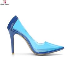 Sapatos de salto alto de 10cm, sapatos femininos de pvc azul, baixos, sexy, bico fino, vestido, festa 2024 - compre barato