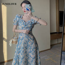 Junelove midi vestido feminino elegante coreano do vintage manga curta verão split praia vestido de férias festa gola quadrada boho 2024 - compre barato
