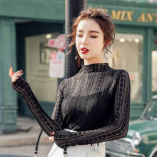 Spring Autumn 2020 Women's Sexy See Through Lace Blouse Long Sleeve Transparent Stand Collar Elegant Shirt Fashion Women Tops 2024 - buy cheap