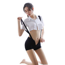 Women Cross Strap Student Uniform Sexy Lovely Zipper Bib Pants Set Open Ice Silk Umbilical Short Top Open Crotch Bib Pants Sets 2024 - buy cheap